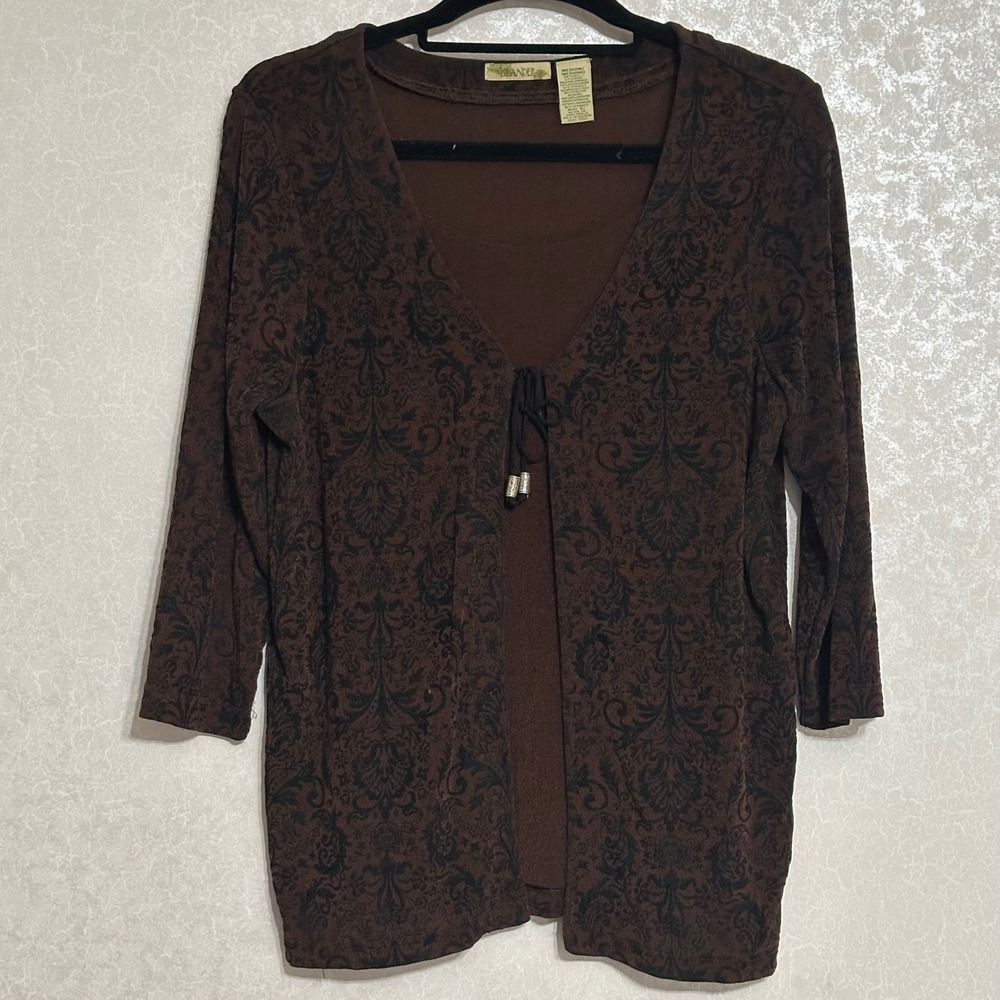 Islander Damask Flocked Layered Look Tie Front Top 3/4 Sleeve Brown Whimsygoth M